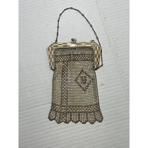 Whiting & Davis Handbags - Antique 1920s Whiting and Davis Art Deco Enamel Mesh Purse Flapper Bag Tan Cream